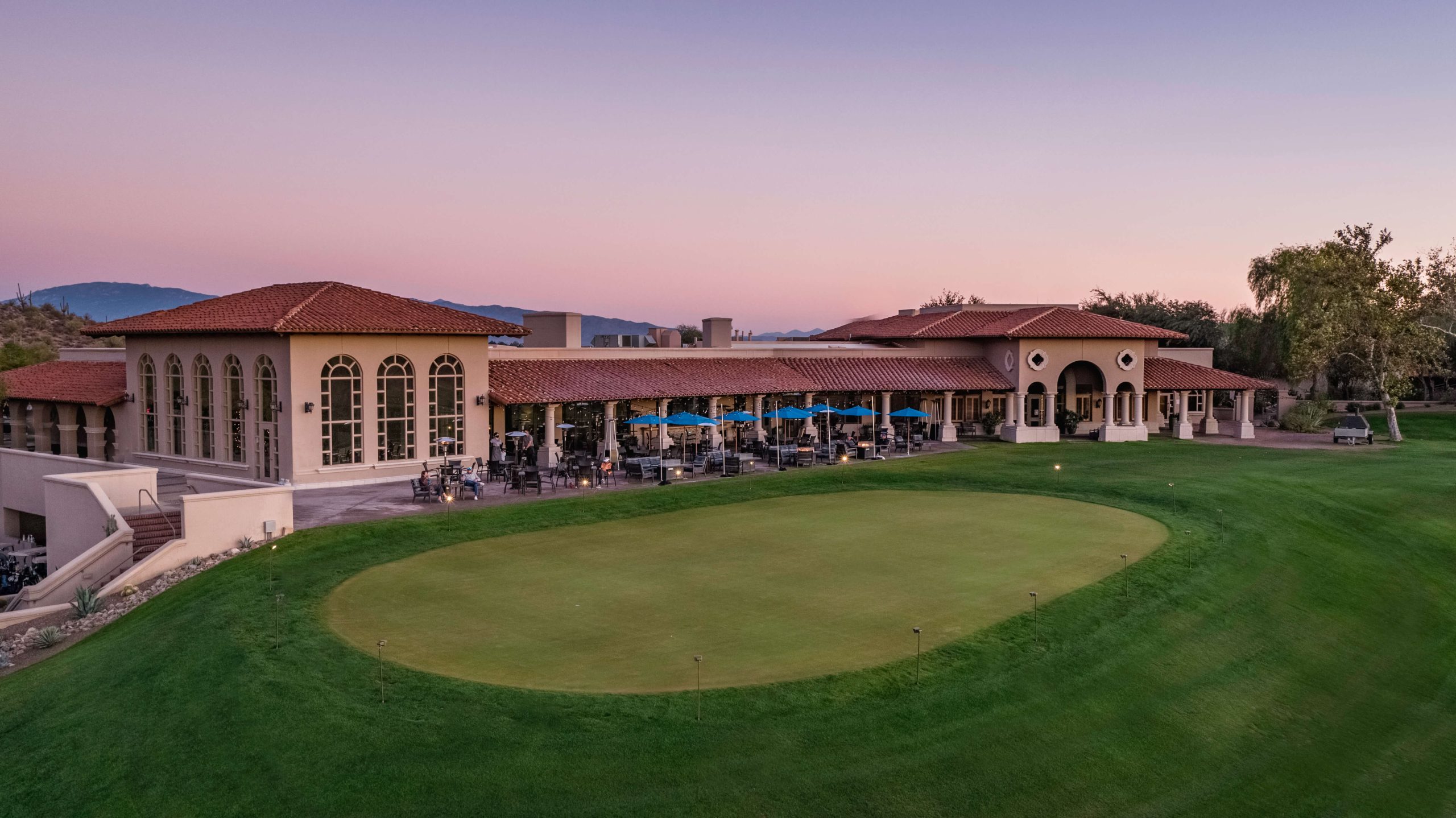 The clubhouse and putting area of La Paloma Country Club in the Catalina Foothills area of Tucson, Arizona